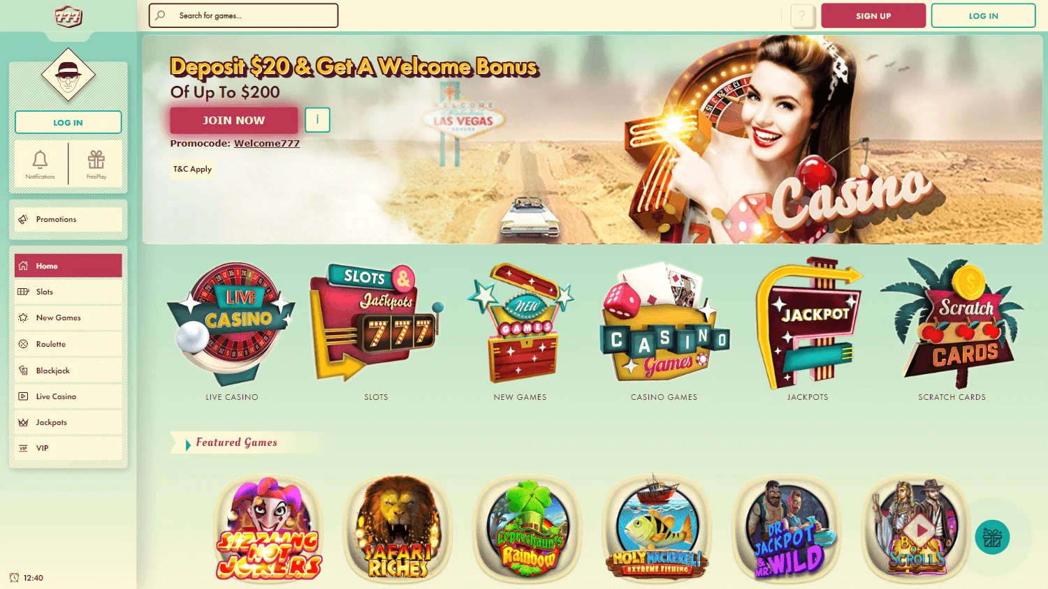 777 Casino desktop home experience