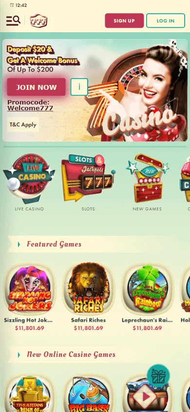 777 Casino mobile app home experience